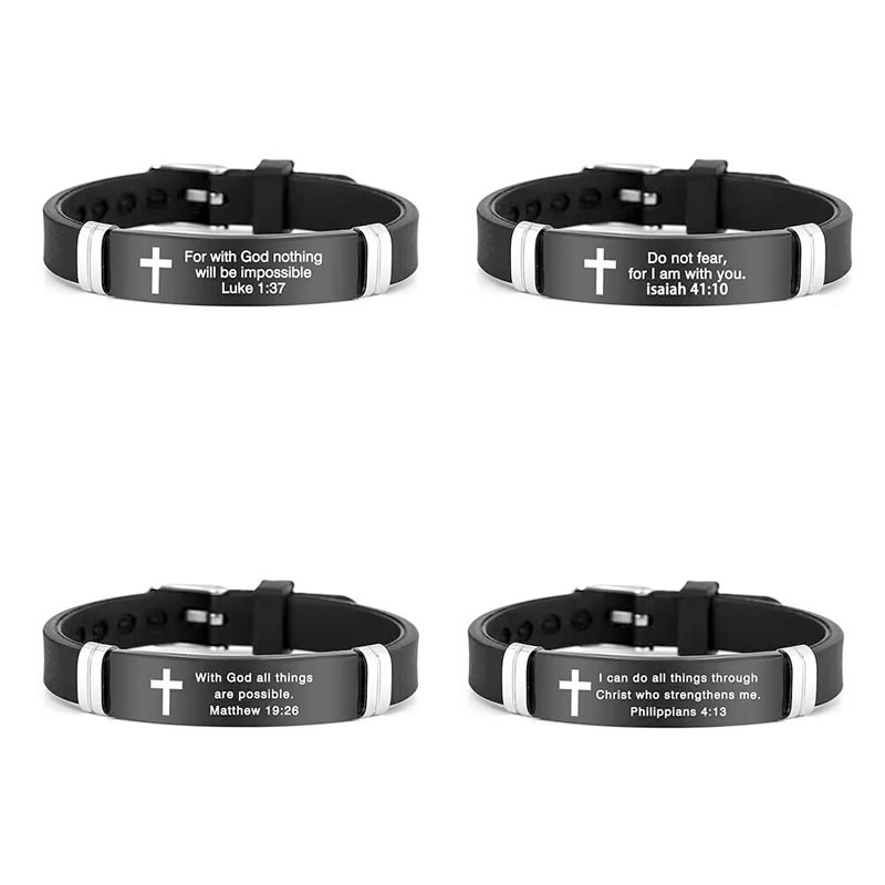 Bracelet homme en caoutchouc noir gravé d'un verset biblique