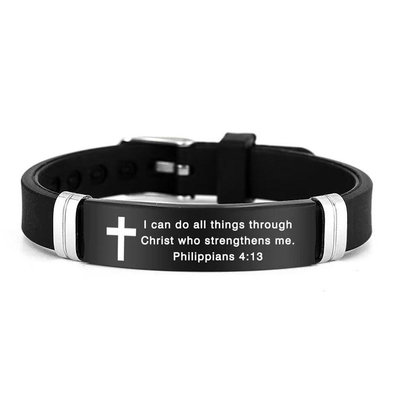 Bracelet homme en caoutchouc noir gravé d'un verset biblique