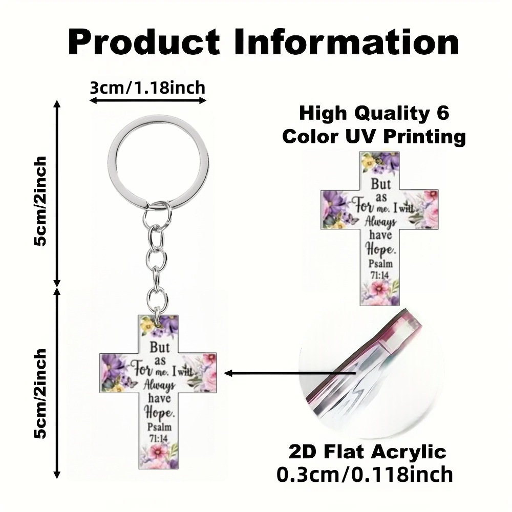 Porte-clés croix en résine – Motif floral et inscription biblique