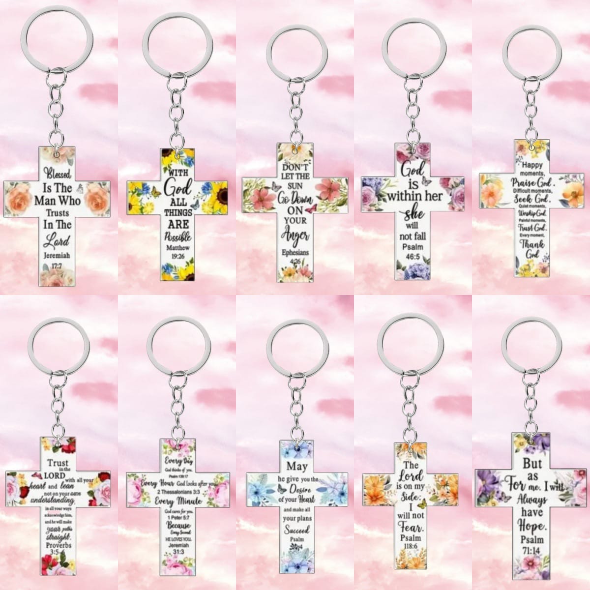 Porte-clés croix en résine – Motif floral et inscription biblique